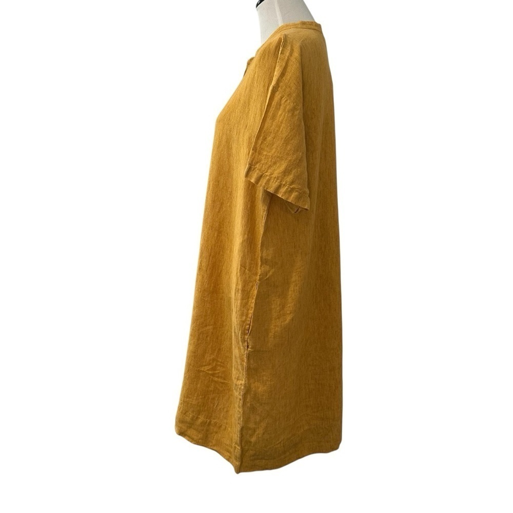 Eileen Fisher Mustard Yellow Button-Up organic linen short sleeve Dress - Picture 7 of 16